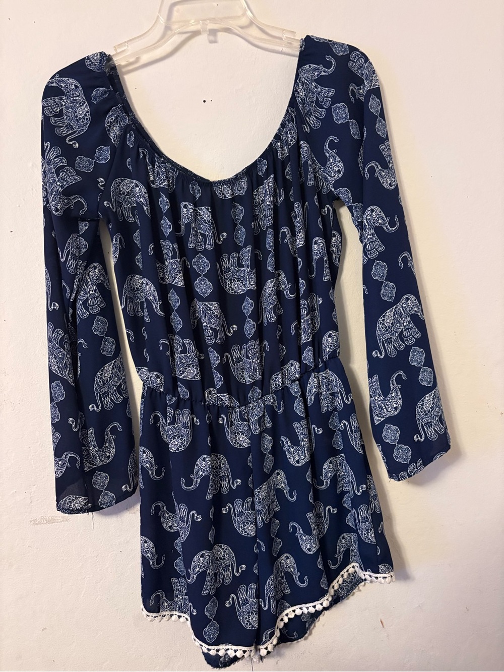 Navy Elephant Print Long-Sleeve Romper with Pom Trim
